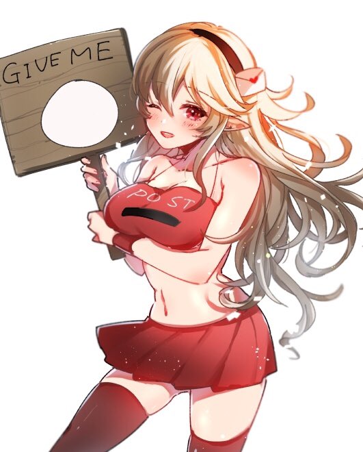 1girl alternate_costume bare_shoulders black_hairband blonde_hair blush breasts cleavage female_my_unit_(fire_emblem_if) fire_emblem fire_emblem_if hairband holding holding_sign large_breasts long_hair midriff my_unit_(fire_emblem_if) navel nekolook nintendo one_eye_closed open_mouth pointy_ears red_eyes red_skirt sign simple_background skirt solo standing thigh-highs white_background wristband zettai_ryouiki