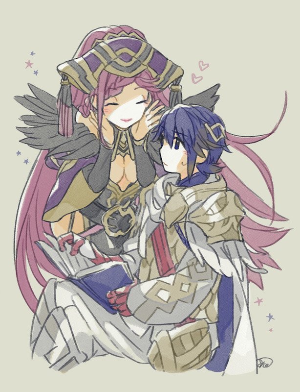 1boy 1girl alfonse_(fire_emblem) armor blue_hair book breasts cape cleavage closed_eyes closed_mouth feather_trim fire_emblem fire_emblem_heroes grey_background hat holding holding_book loki_(fire_emblem_heroes) long_hair murabito_ba nintendo open_book purple_hair short_hair simple_background sitting