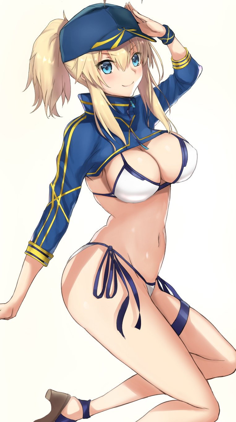 1girl ahoge akatsuki_ikki artoria_pendragon_(all) baseball_cap bikini blonde_hair blue_eyes breasts cleavage commentary fate/grand_order fate_(series) hat highres large_breasts long_hair looking_at_viewer mysterious_heroine_xx_(foreigner) navel ponytail shrug_(clothing) side-tie_bikini smile solo swimsuit white_bikini yellow_background
