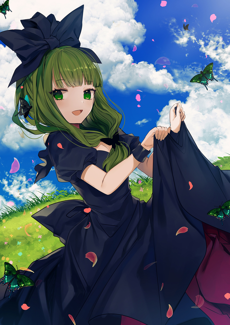 1girl :d alternate_color bangs black_bow black_dress blue_sky blush bow breasts bug butterfly butterfly_hair_ornament cleavage clouds cowboy_shot daimaou_ruaeru day dress dutch_angle eyebrows_visible_through_hair grass green_eyes green_hair hair_bow hair_ornament insect kagiyama_hina long_hair looking_at_viewer open_mouth outdoors petals puffy_short_sleeves puffy_sleeves short_sleeves skirt_hold sky smile solo standing touhou wristband