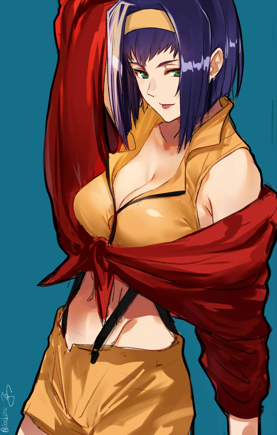 blue_background blue_hair breasts cleavage collarbone cowboy_bebop faye_valentine green_eyes hairband highres isshiki_(ffmania7) large_breasts looking_at_viewer midriff navel pants shirt short_hair signature simple_background sleeveless sleeveless_shirt twitter_username yellow_hairband yellow_pants yellow_shirt