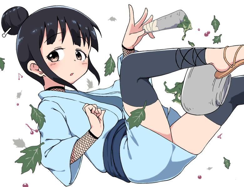 1girl black_hair blush brown_eyes bubukka hair_bun japanese_clothes kunoichi_tsubaki_no_mune_no_uchi leaf leg_warmers mokuren_(kunoichi_tsubaki_no_mune_no_uchi) mortar ninja pestle sandals sidelocks solo white_background