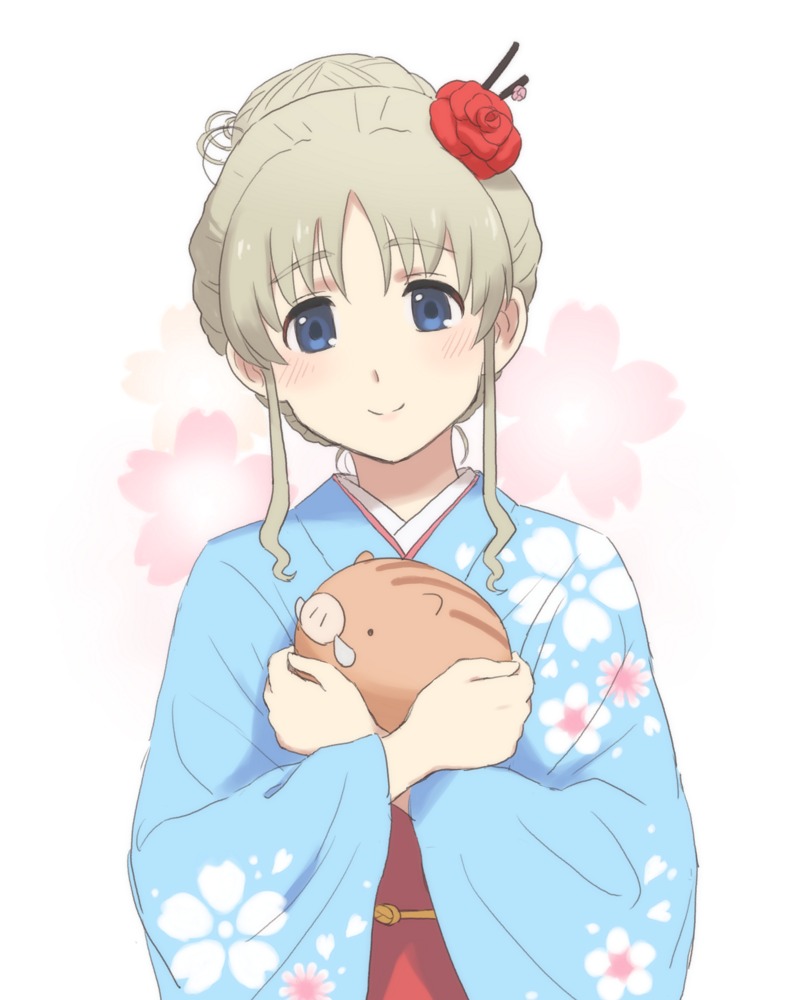 1girl alternate_hairstyle artist_request blue_eyes blush darling_in_the_franxx hair_ornament japanese_clothes kimono kokoro_(darling_in_the_franxx) pig smile stuffed_animal stuffed_toy