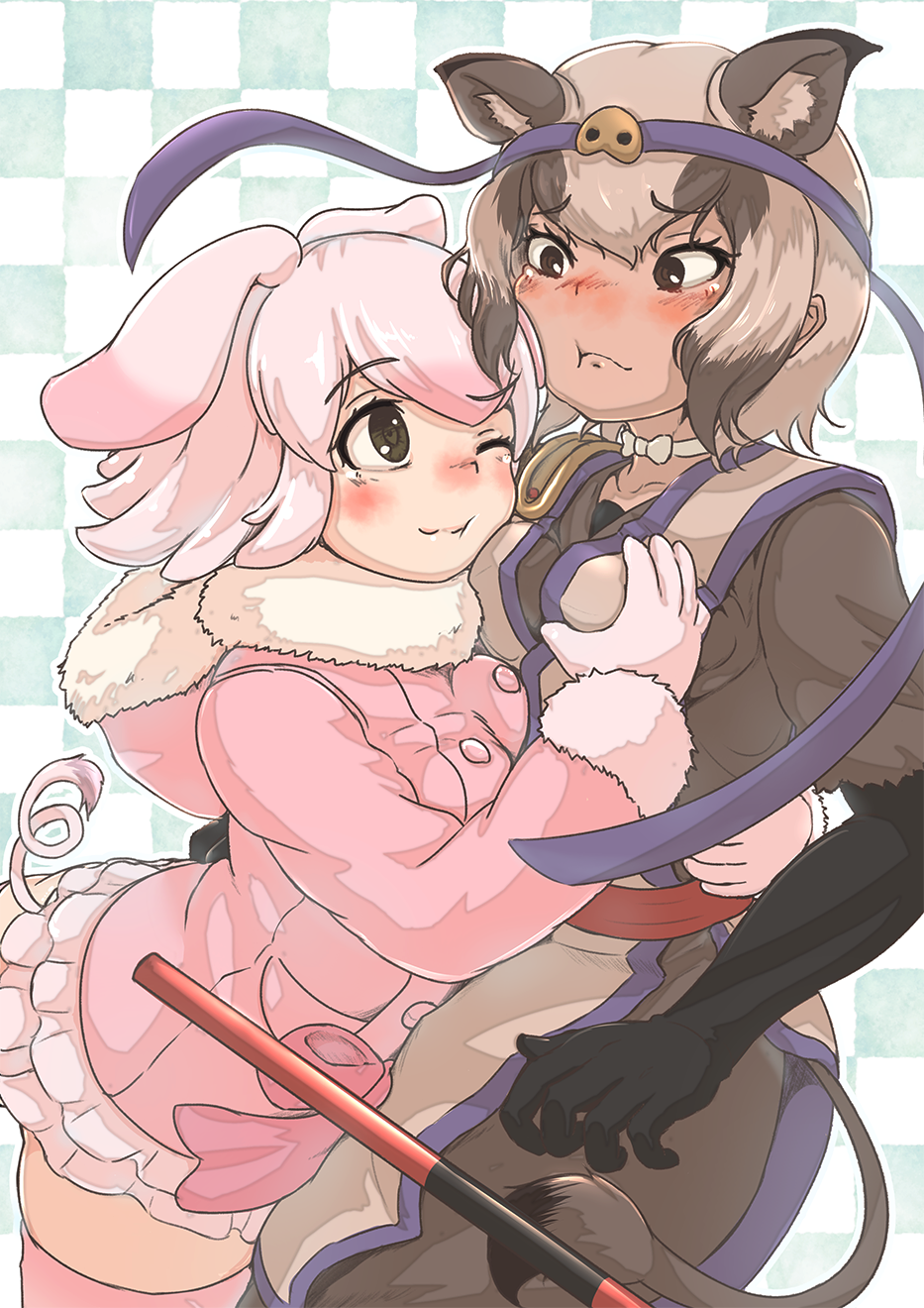 2girls ;3 animal_ears arched_back arm_around_waist bangs blush boar_ears boar_tail breast_grab breast_press breasts brown_eyes brown_hair buttons checkered checkered_background choker closed_mouth collarbone dark_skin dress embarrassed extra_ears eyebrows_visible_through_hair female_pervert floppy_ears fur-trimmed_sleeves fur_collar fur_trim furrowed_eyebrows glomp grabbing groping head_on_chest head_on_head headband highres hood hood_down hooded_jacket hug jacket kemono_friends long_sleeves looking_at_another medium_hair multicolored_hair multiple_girls nose_blush okyao one_eye_closed pervert pig_(kemono_friends) pig_ears pig_tail pink_hair ryukyu_boar_(kemono_friends) short_hair short_sleeves sidelocks skirt smile tail thigh-highs two-tone_hair upper_body vest yuri zettai_ryouiki