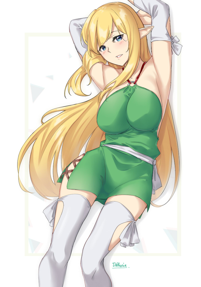 1girl armpits arms_up blonde_hair blue_eyes breasts detached_sleeves dress elf from_above halterneck large_breasts long_hair long_sleeves looking_at_viewer lying on_back parted_lips pointy_ears saruno_(eyesonly712) shiny shiny_hair short_dress sideboob sleeveless sleeveless_dress solo thigh-highs tiffania_westwood very_long_hair white_background white_legwear white_sleeves zero_no_tsukaima zettai_ryouiki