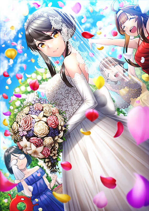 4girls alternate_costume alternate_hairstyle black_hair blue_dress blue_sky blush bouquet breasts brown_eyes brown_hair closed_eyes closed_mouth clouds crying double_bun dress elbow_gloves enemy_lifebuoy_(kantai_collection) eyebrows_visible_through_hair flipped_hair flower glasses gloves hair_between_eyes hair_ornament hairclip hands_up haruna_(kantai_collection) hiei_(kantai_collection) kantai_collection kirishima_(kantai_collection) kongou_(kantai_collection) kyon_(fuuran) large_breasts long_hair looking_at_viewer multiple_girls open_mouth petals red_dress rose short_hair sky strapless strapless_dress tiara wedding wedding_dress white_dress white_gloves yellow_dress