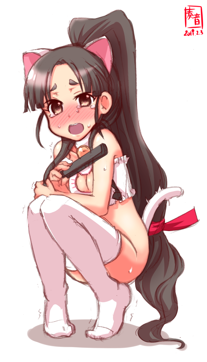 1girl alternate_costume animal_ears artist_logo bell bell_choker black_hair blush brown_eyes cat_cutout cat_ears cat_lingerie cat_tail choker cleavage_cutout cosplay dated embarrassed fan flat_chest folding_fan full_body hair_ornament hair_ribbon hair_tie headgear high_ponytail highres kanon_(kurogane_knights) kantai_collection long_hair looking_at_viewer meme_attire multi-tied_hair nisshin_(kantai_collection) no_panties open_mouth panties red_ribbon ribbon short_eyebrows side-tie_panties signature simple_background solo squatting sweatdrop tail tears thick_eyebrows underwear very_long_hair white_background white_legwear