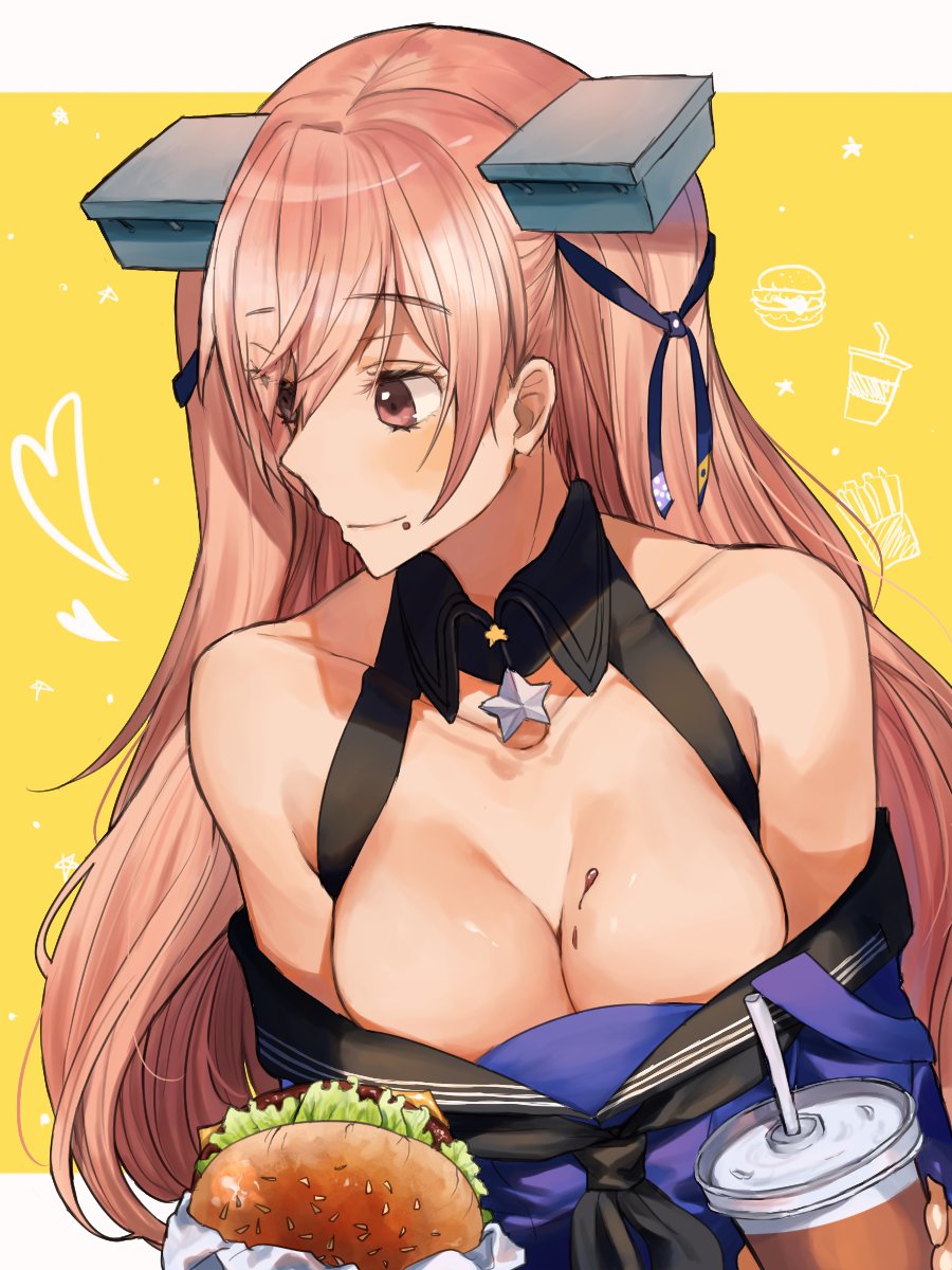 1girl amakaze big_hair blue_dress blush border breasts brown_eyes brown_hair cleavage collarbone detached_collar dress eating fast_food food food_on_breasts food_on_face french_fries hamburger headgear heart highres johnston_(kantai_collection) kantai_collection long_hair looking_to_the_side medium_breasts oekaki off_shoulder open_clothes open_dress outside_border sailor_collar simple_background soft_drink solo star twintails upper_body white_border yellow_background