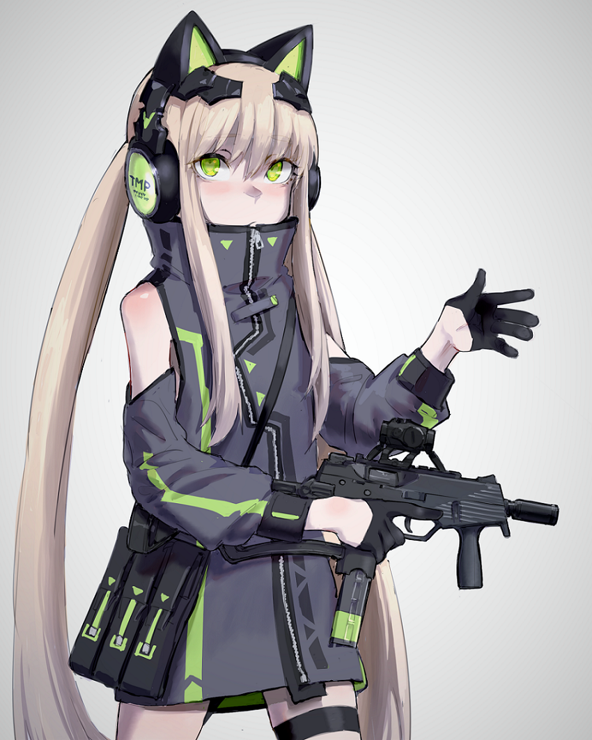 1girl alma01 animal_ears bangs black_gloves cat_ear_headphones cat_ears character_name closed_mouth commentary_request eyebrows_visible_through_hair girls_frontline gloves green_eyes grey_background grey_jacket gun hair_between_eyes half_gloves headphones holding holding_gun holding_weapon jacket light_brown_hair long_hair long_sleeves looking_at_viewer object_namesake scope sidelocks skindentation solo steyr_tmp submachine_gun thigh_strap tmp_(girls_frontline) trigger_discipline twintails very_long_hair weapon