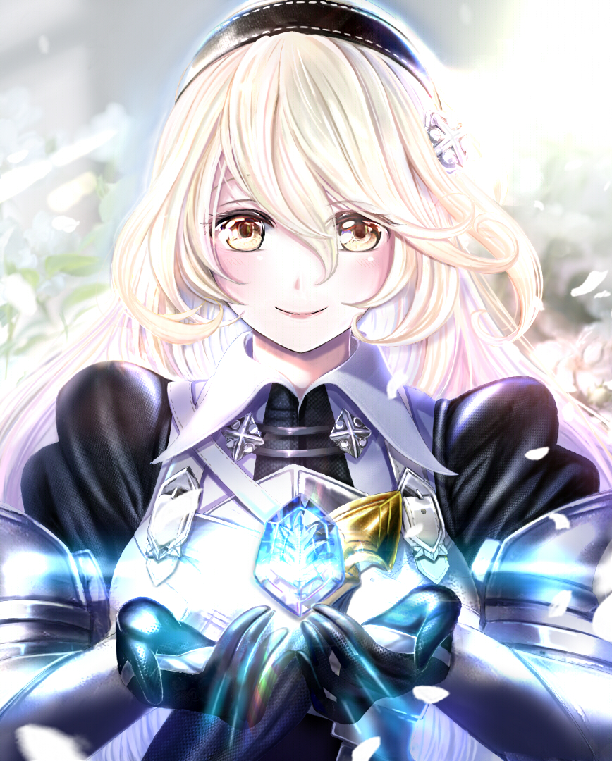 1girl armor black_gloves crystal dress eyebrows_visible_through_hair female_my_unit_(fire_emblem_if) fire_emblem fire_emblem_if gloves glowing hair_between_eyes hairband long_hair looking_at_viewer my_unit_(fire_emblem_if) nintendo orange_eyes petals silver_hair smile solo tongari upper_body