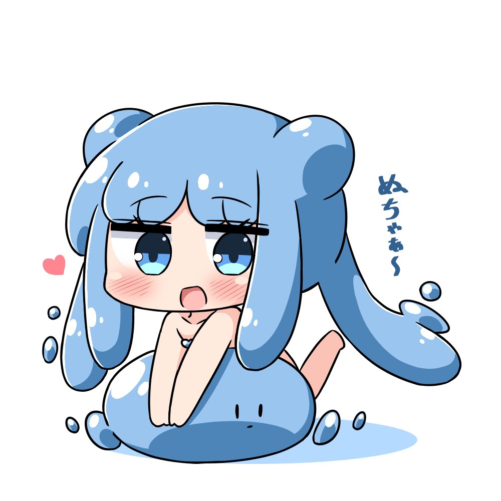 1girl :d bangs blue_eyes blue_hair blush chibi closed_mouth collarbone colored_shadow commentary_request double_bun eyebrows_visible_through_hair goo_girl half_slime-chan hana_kazari heart long_hair looking_at_viewer monster_girl nude open_mouth original shadow sidelocks slime smile solo translated very_long_hair white_background |_|