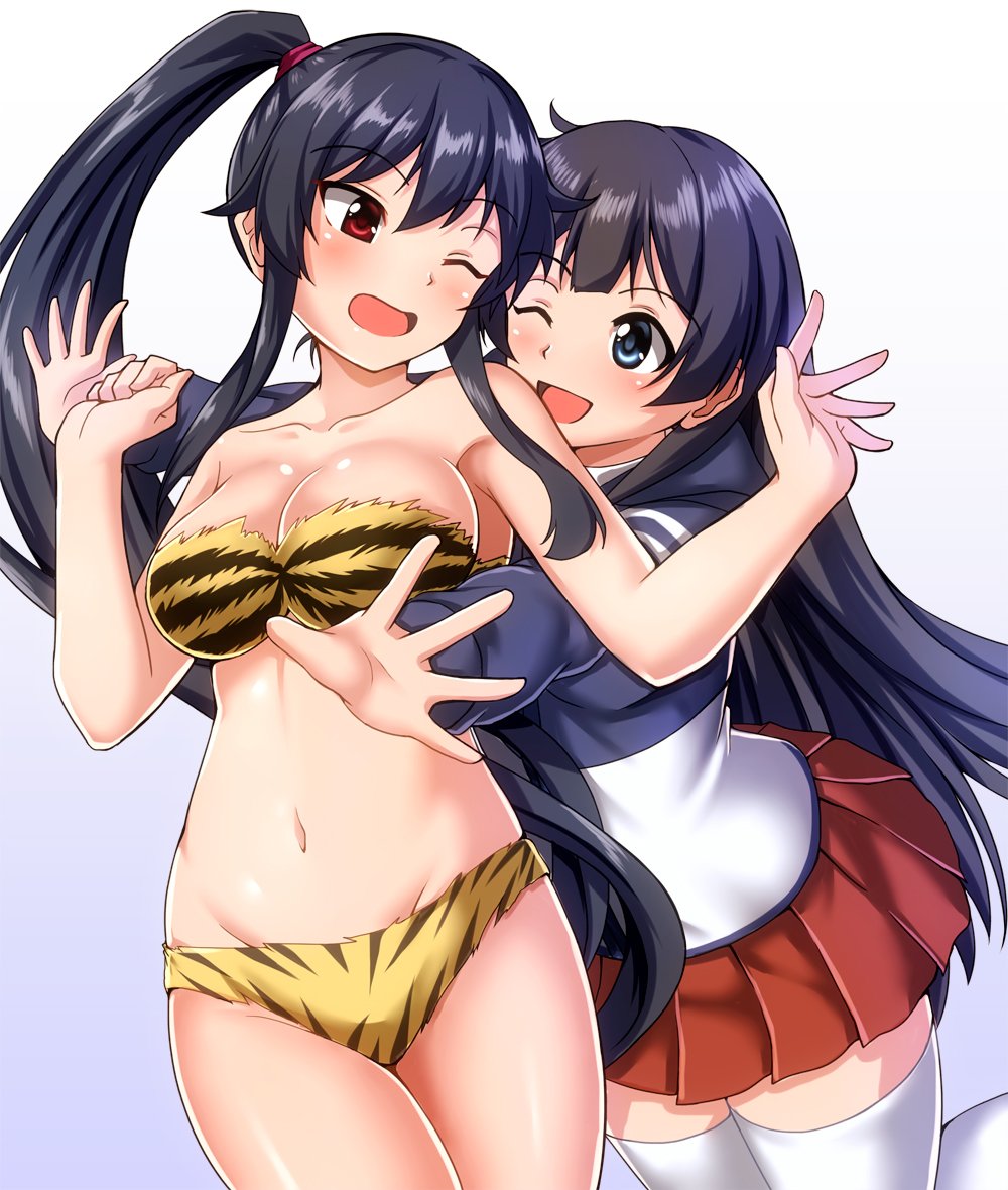 2girls agano_(kantai_collection) animal_print bikini black_hair commentary_request cowboy_shot eye_contact gradient gradient_background green_eyes hug hug_from_behind jacket kantai_collection long_hair looking_at_another multiple_girls one_eye_closed open_mouth pleated_skirt ponytail red_eyes red_skirt sidelocks skirt strapless strapless_bikini swimsuit thigh-highs tiger_print track_jacket two-tone_jacket white_background white_legwear yahagi_(kantai_collection) zanntetu