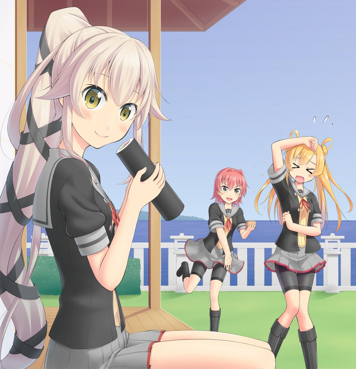 &gt;_&lt; 3girls abukuma_(kantai_collection) bike_shorts black_footwear black_gloves black_jacket blonde_hair boots commentary_request day double_bun eating ehoumaki food gloves green_eyes grey_sailor_collar grey_skirt hair_flaps hair_rings highres jacket kantai_collection kinu_(kantai_collection) kiryu_naoto knee_boots long_hair makizushi multiple_girls neck_ribbon open_mouth orange_eyes outdoors pink_hair pleated_skirt ponytail railing red_ribbon redhead remodel_(kantai_collection) ribbon sailor_collar school_uniform serafuku short_hair short_sleeves shorts shorts_under_skirt side_ponytail sitting skirt sushi veranda very_long_hair yura_(kantai_collection)