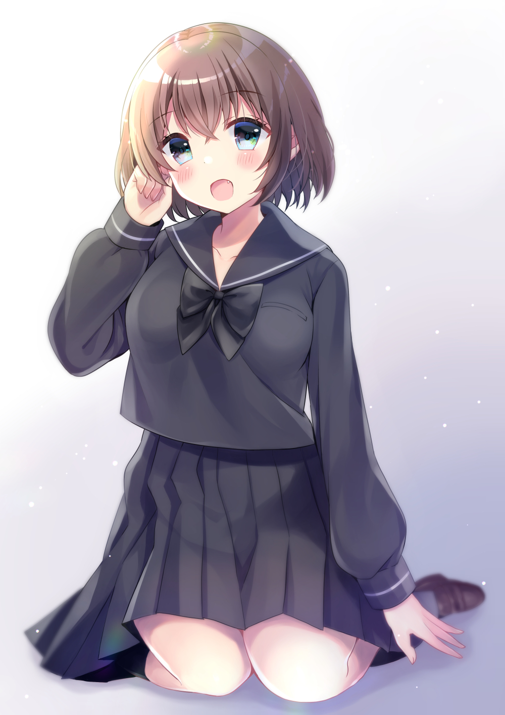 1girl :d bad_id bad_pixiv_id bangs black_bow black_sailor_collar black_serafuku black_shirt black_skirt blue_eyes blurry blurry_background blush bow brown_footwear brown_hair collarbone commentary_request depth_of_field eyebrows_visible_through_hair fang fingernails full_body gradient gradient_background grey_background hair_between_eyes head_tilt highres loafers long_sleeves looking_at_viewer minami_saki moe2019 open_mouth original pleated_skirt sailor_collar school_uniform serafuku shirt shoes skirt sleeves_past_wrists smile solo white_background