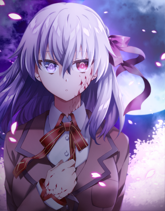 1girl bangs brown_jacket cherry_blossoms collared_shirt commentary_request eyebrows_visible_through_hair fate/stay_night fate_(series) hago hair_between_eyes hair_ribbon hand_on_own_chest heaven's_feel hetero homurahara_academy_uniform jacket long_hair long_sleeves looking_at_viewer matou_sakura neck_ribbon night night_sky outdoors parted_lips petals pink_eyes purple_hair purple_ribbon red_neckwear red_ribbon ribbon shirt sky solo upper_body violet_eyes white_shirt wing_collar