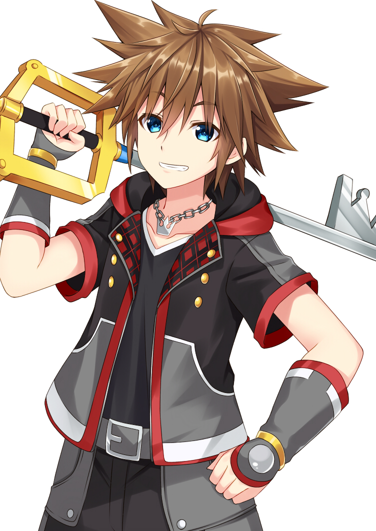 1boy arm_guards bangs belt belt_buckle black_jacket black_pants black_shirt blue_eyes brown_hair buckle chains collarbone commentary_request crown eyebrows_visible_through_hair grey_belt grin hair_between_eyes holding holding_key jacket key kingdom_hearts kingdom_hearts_iii komori_kuzuyu looking_at_viewer male_focus open_clothes open_jacket oversized_object pants shirt short_sleeves simple_background smile solo sora_(kingdom_hearts) white_background