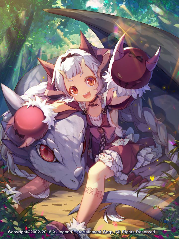 1girl :d black_bow bow braid choker company_name copyright_request day dragon dress hair_bow horns kneehighs lens_flare long_hair looking_at_viewer official_art open_mouth outdoors pincers red_dress red_eyes siaoyu sitting smile sunlight tree twintails very_long_hair white_hair