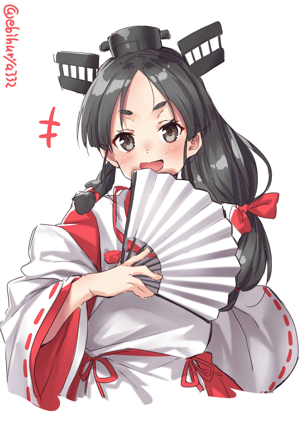 1girl black_hair blush brown_eyes ebifurya fan folding_fan hair_ornament hair_ribbon hair_tie hakama headgear high_ponytail highres japanese_clothes kantai_collection long_hair long_sleeves miko multi-tied_hair nisshin_(kantai_collection) open_mouth red_hakama red_ribbon ribbon ribbon-trimmed_sleeves ribbon_trim short_eyebrows simple_background solo thick_eyebrows twitter_username very_long_hair white_background wide_sleeves