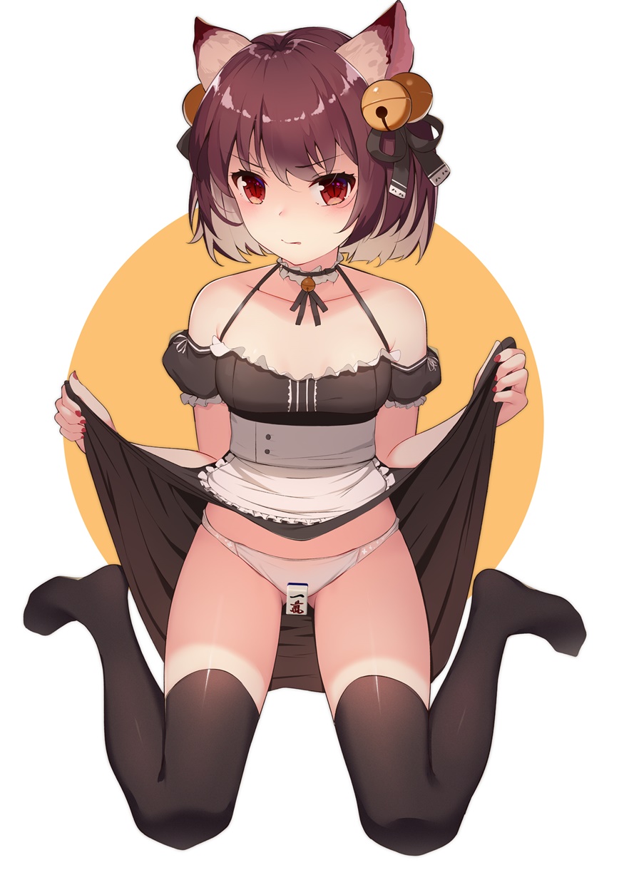 1girl animal_ears apron bare_shoulders bell black_choker black_dress black_legwear black_ribbon breasts brown_hair cat_ears censored choker closed_mouth collarbone commentary_request copyright_request detached_sleeves dress frilled_choker frills gin00 gluteal_fold groin hair_ribbon halter_dress highres jingle_bell looking_at_viewer maid_apron nail_polish no_shoes panties puffy_short_sleeves puffy_sleeves red_eyes red_nails ribbon short_hair short_sleeves shougi_piece sitting skirt skirt_lift small_breasts solo thigh-highs underwear v-shaped_eyebrows wariza white_apron white_panties