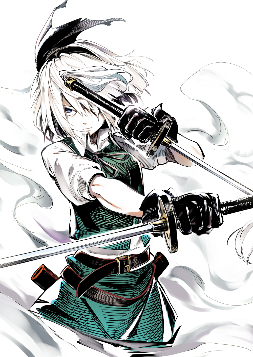 &gt;:( 1girl asutora belt black_belt black_gloves black_hairband black_neckwear black_ribbon blue_eyes breasts commentary_request cowboy_shot dual_wielding gloves green_skirt green_vest hair_over_one_eye hair_ribbon hairband hand_up highres holding holding_sword holding_weapon katana konpaku_youmu looking_at_viewer medium_breasts neck_ribbon puffy_short_sleeves puffy_sleeves reverse_grip revision ribbon scabbard sheath shirt short_hair short_sleeves silver_hair simple_background skirt skirt_set solo standing sword touhou vest weapon white_background white_shirt wing_collar