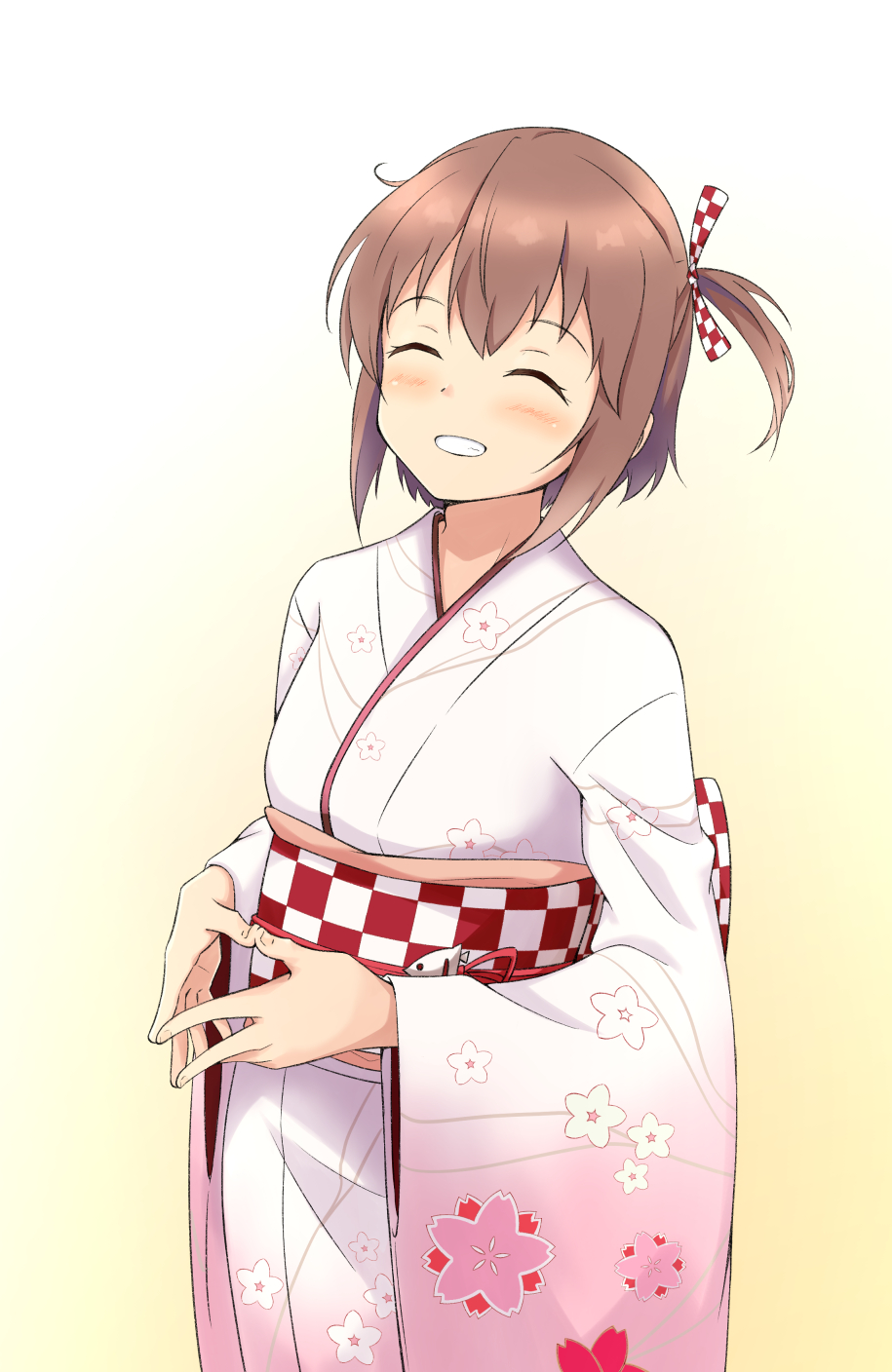 1girl bangs blush brown_hair checkered checkered_ribbon checkered_sash closed_eyes etou_kanami fingernails floral_print gradient gradient_background grin hair_ribbon hakama highres japanese_clothes kimono motsutoko obi one_side_up print_kimono ribbon sash short_hair smile solo steepled_fingers toji_no_miko wide_sleeves yellow_background