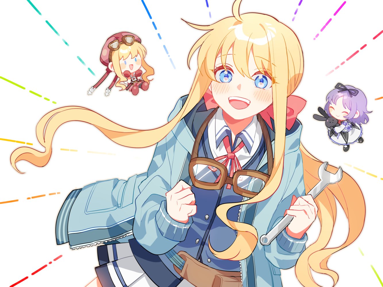 1girl ahoge blonde_hair blue_eyes blush_stickers bow clenched_hand closed_eyes collared_shirt cowboy_shot doll eiyuu_densetsu eyebrows_visible_through_hair goggles goggles_around_neck hair_between_eyes hair_bow hat jacket long_sleeves looking_at_viewer miniskirt neck_ribbon open_mouth pleated_skirt purple_hair renne ribbon sakuraihum sen_no_kiseki sen_no_kiseki_3 shirt short_hair_with_long_locks sidelocks simple_background skirt smile sora_no_kiseki stuffed_animal stuffed_bunny stuffed_toy tita_russell vest white_background wrench