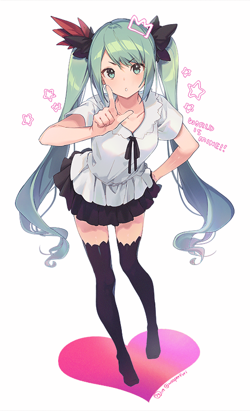 1girl :o black_legwear black_neckwear black_skirt collarbone commentary_request full_body green_eyes green_hair hair_ornament hand_on_hip hatsune_miku heart index_finger_raised leaning_forward long_hair looking_at_viewer miniskirt nagu neck_ribbon no_shoes parted_lips pleated_skirt ribbon shirt short_sleeves sidelocks simple_background skirt solo standing star thigh-highs twintails twitter_username v-shaped_eyebrows very_long_hair vocaloid wavy_hair white_background white_shirt world_is_mine_(vocaloid) zettai_ryouiki