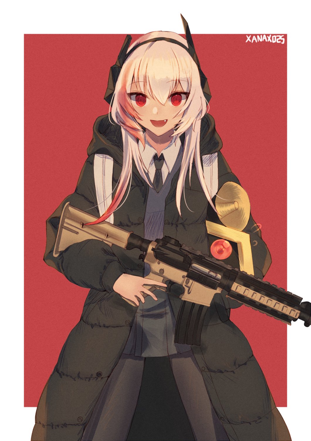 1girl artist_name assault_rifle dinergate_(girls_frontline) fang girls_frontline gun highres long_coat m4_carbine m4_sopmod_ii_(girls_frontline) pink_background pink_hair red_eyes rifle ro635_(dinergate) school_uniform sweatdrop weapon xanax025