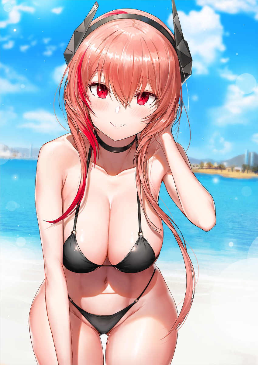 1girl bangs bare_shoulders beach bikini black_bikini blue_sky blurry blurry_background blush breasts city cleavage closed_mouth clouds collarbone commentary day eyebrows_visible_through_hair girls_frontline gluteal_fold greem_bang groin hair_between_eyes halter_top halterneck hand_on_own_head headgear highres large_breasts leaning_forward long_hair looking_at_viewer m4_sopmod_ii_(girls_frontline) multicolored_hair navel ocean outdoors pink_hair red_eyes redhead revision sand sidelocks sky smile solo stomach streaked_hair swimsuit wet