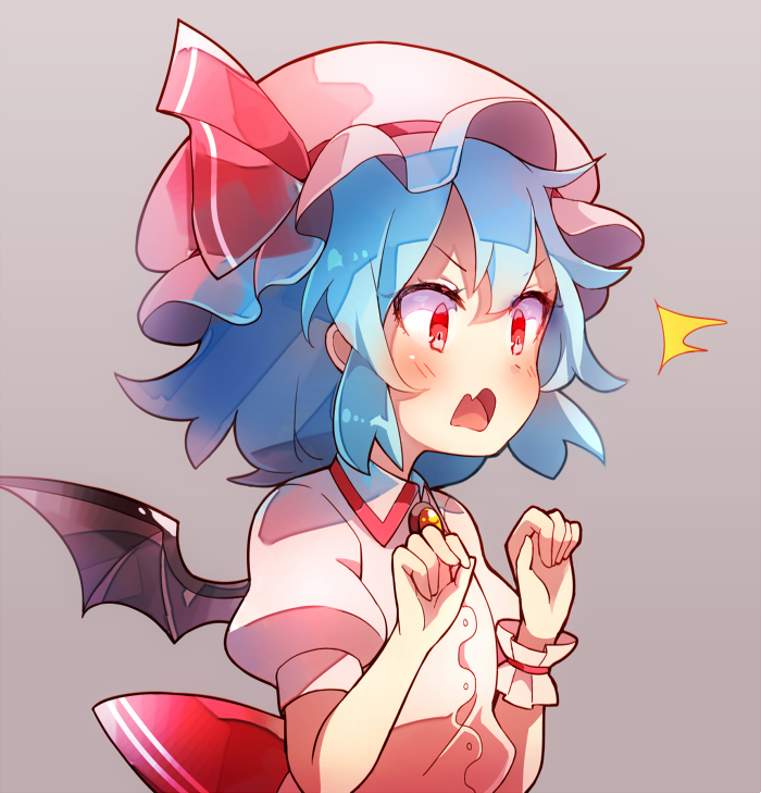 /\/\/\ 1girl 60mai bangs bat_wings blue_hair blush brooch commentary_request dress fang grey_background hands_up hat hat_ribbon jewelry mob_cap open_mouth pink_dress pink_hat puffy_short_sleeves puffy_sleeves red_eyes red_ribbon remilia_scarlet ribbon short_hair short_sleeves simple_background solo touhou upper_body v-shaped_eyebrows wings wrist_cuffs