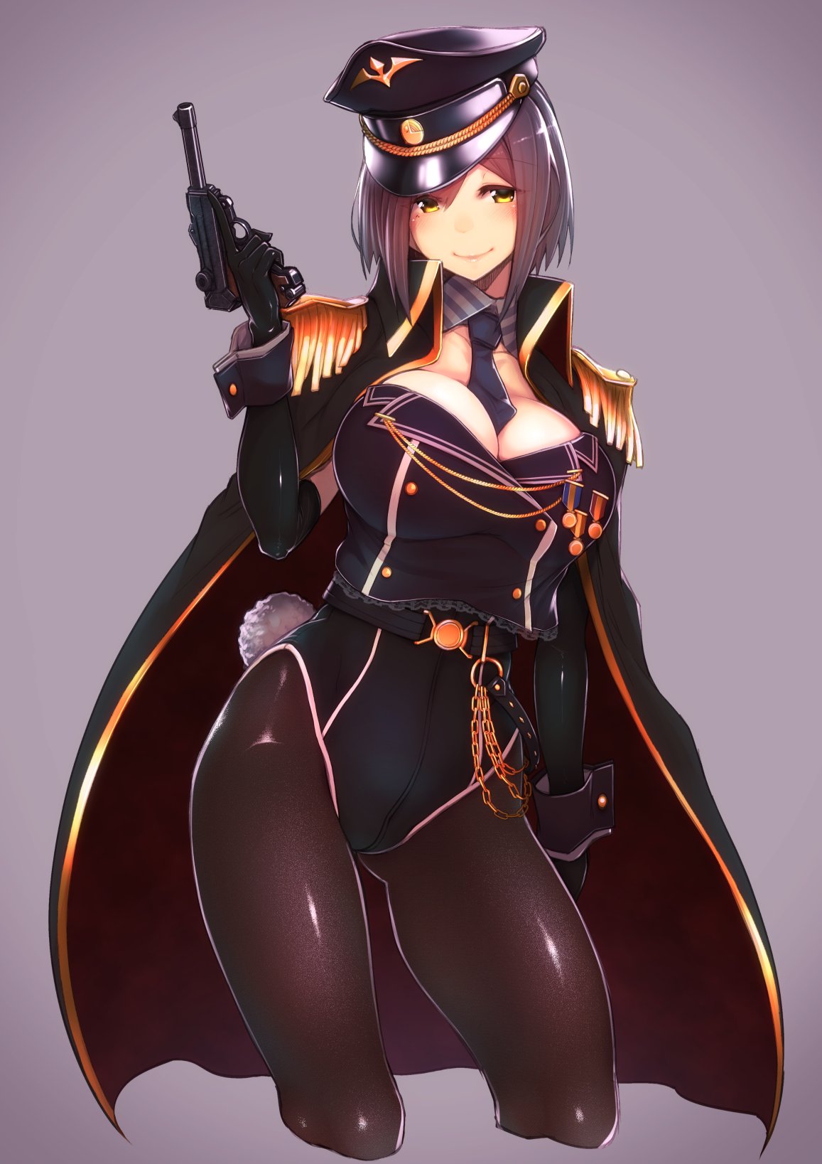 1girl arm_at_side arm_up bangs between_breasts black_gloves blue_hair blush bob_cut breasts bunny_tail bunnysuit cape cleavage commentary cowboy_shot cropped_legs detached_collar elbow_gloves eyebrows_visible_through_hair gloves grey_background gun handgun hat highres holding holding_gun holding_weapon kagami_uekusa leaning_to_the_side leotard looking_to_the_side military military_hat military_uniform necktie necktie_between_breasts nijisanji pantyhose pistol shizuka_rin short_hair simple_background sleeveless smile solo tail thighs trigger_discipline uniform weapon weapon_request wing_collar yellow_eyes