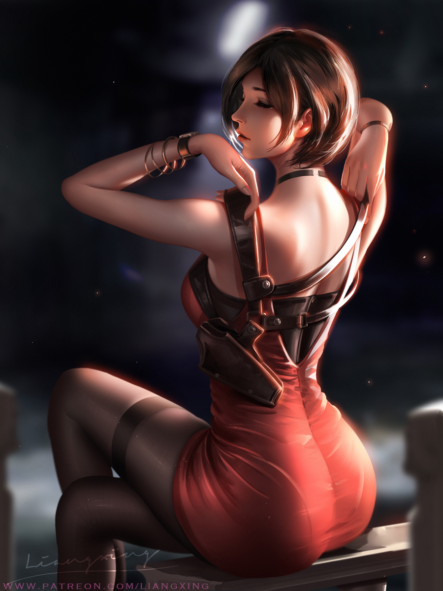 1girl ada_wong adjusting_strap ass bare_shoulders bench bracelet breasts brown_hair closed_eyes dress from_behind highres holster jewelry legs_crossed liang_xing necklace pantyhose pixie_cut red_dress resident_evil short_hair shoulder_holster sitting solo thighband_pantyhose watch