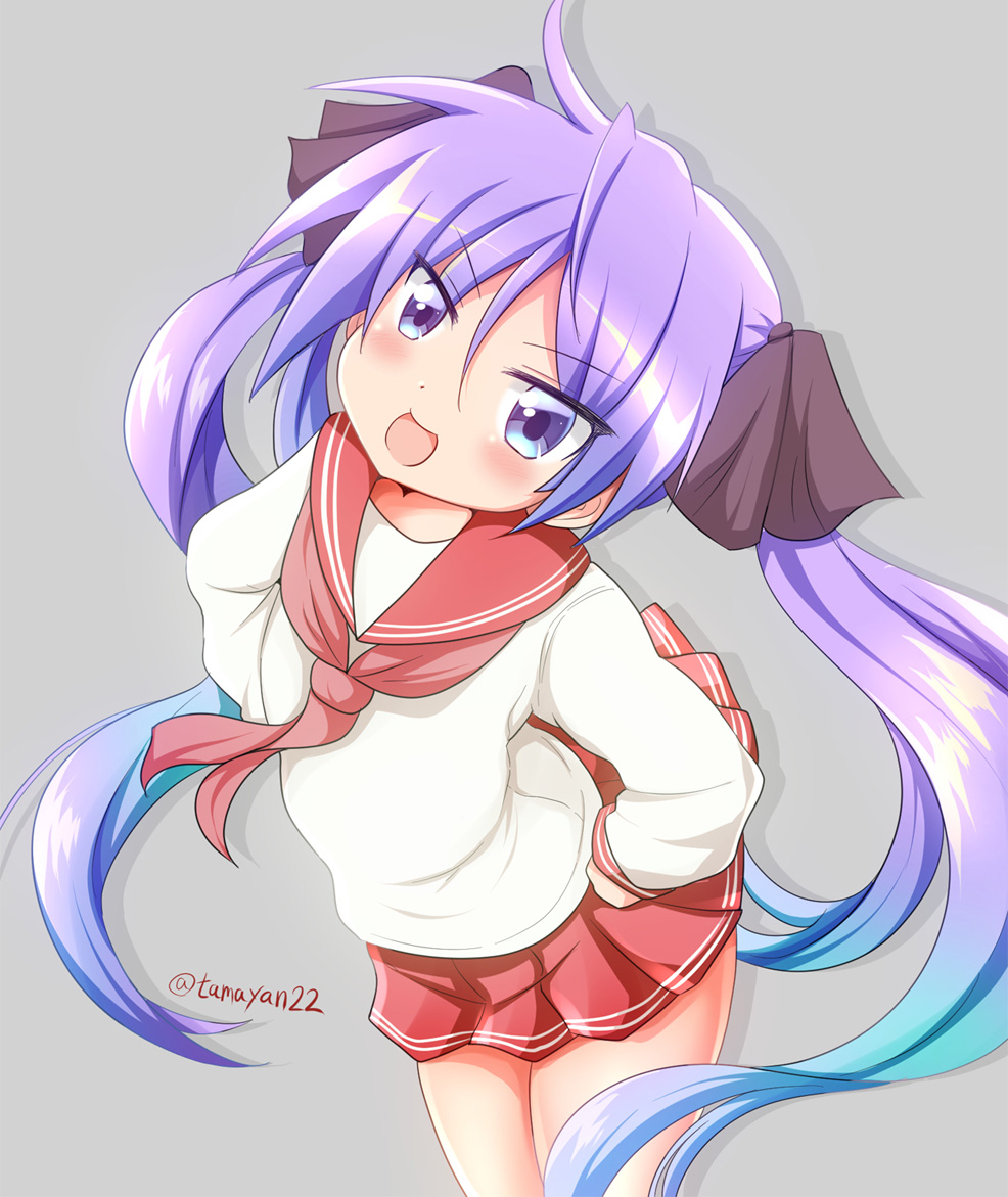 1girl :d bangs blue_hair blush brown_ribbon commentary_request drop_shadow eyebrows_visible_through_hair gradient_hair grey_background hair_between_eyes hair_ribbon hands_on_hips hiiragi_kagami long_hair long_sleeves looking_at_viewer lucky_star multicolored_hair open_mouth pink_neckwear pleated_skirt purple_hair red_sailor_collar red_skirt ribbon ryouou_school_uniform sailor_collar school_uniform serafuku shirt skirt smile solo tamayan twintails twintails_day twitter_username very_long_hair violet_eyes white_shirt