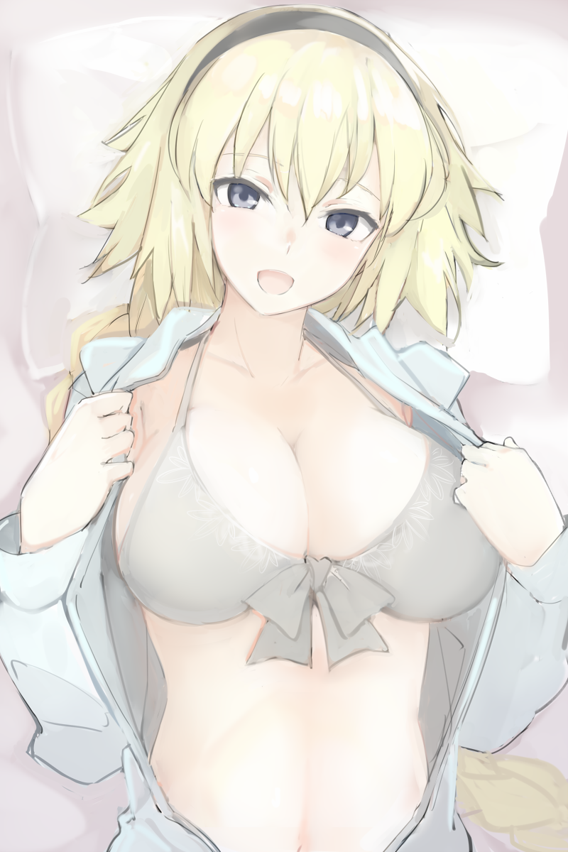 1girl :d bangs bikini blonde_hair blue_eyes blue_jacket braid breasts cleavage collarbone fate/grand_order fate_(series) front-tie_bikini front-tie_top grey_bikini hair_between_eyes hairband halter_top halterneck hands_up head_tilt highres jacket jeanne_d'arc_(fate)_(all) jeanne_d'arc_(swimsuit_archer) large_breasts long_hair long_sleeves looking_at_viewer lying mobu navel on_back open_clothes open_jacket open_mouth pale_color pillow single_braid smile solo stomach swimsuit undressing upper_body