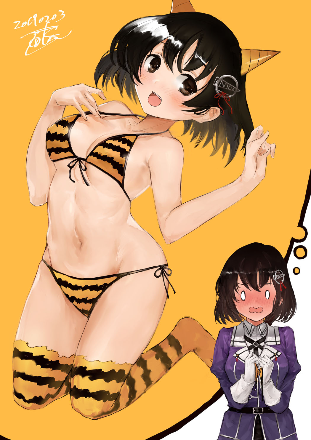1girl alternate_costume bangs bikini black_eyes black_hair blush breasts brown_eyes collarbone commentary_request eyebrows_visible_through_hair full-face_blush gloves haguro_(kantai_collection) hair_between_eyes hair_ornament hairclip hand_on_own_chest highres horns kantai_collection long_hair looking_at_viewer medium_breasts military military_uniform navel oni oni_horns open_mouth setsubun short_hair simple_background smile solo string_bikini striped striped_bikini striped_legwear swimsuit thigh-highs toka_(marchlizard) uniform white_gloves