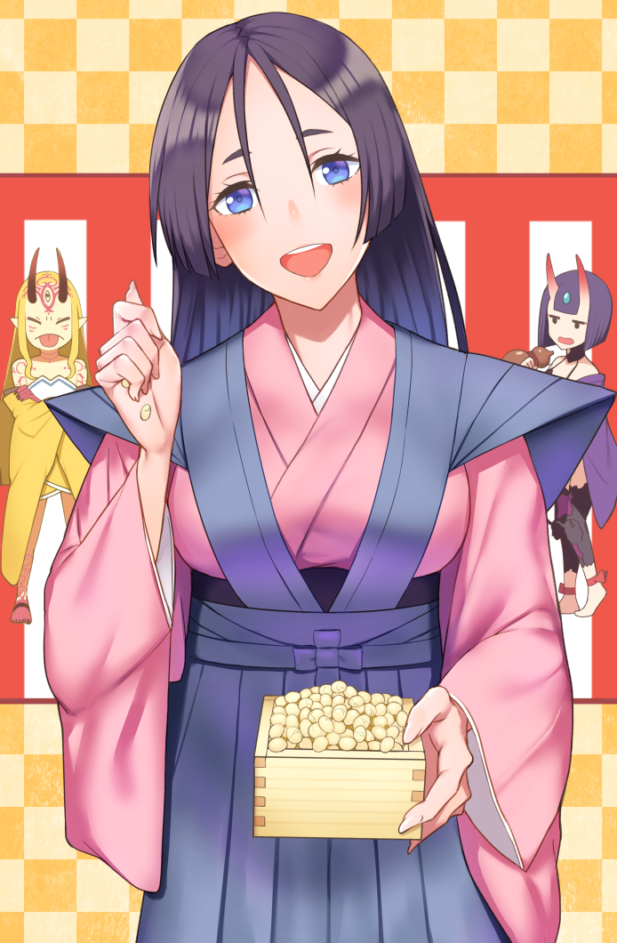 3girls :d :p blonde_hair blue_eyes blush bob_cut checkered checkered_background commentary_request crossed_arms fate/grand_order fate_(series) food gourd hakama horns ibaraki_douji_(fate/grand_order) japanese_clothes kimono long_hair looking_at_viewer minamoto_no_raikou_(fate/grand_order) multiple_girls oni oni_horns open_mouth purple_hair short_hair shuten_douji_(fate/grand_order) smile standing tongue tongue_out tsuchifumazu yellow_background