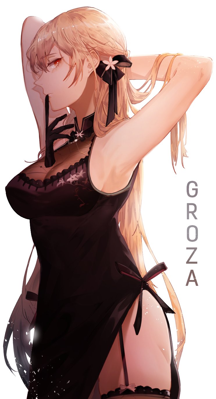 1girl armpits arms_behind_head bangs black_dress black_gloves black_legwear blonde_hair breasts character_name cizzi cleavage cowboy_shot dress eyebrows_visible_through_hair garter_straps girls_frontline glint glove_in_mouth gloves hair_ribbon highres jewelry light_particles long_hair looking_at_viewer mole mole_on_breast mouth_hold necklace orange_eyes ots-14_(girls_frontline) ribbon sidelocks simple_background skindentation solo thigh-highs thighs very_long_hair white_background