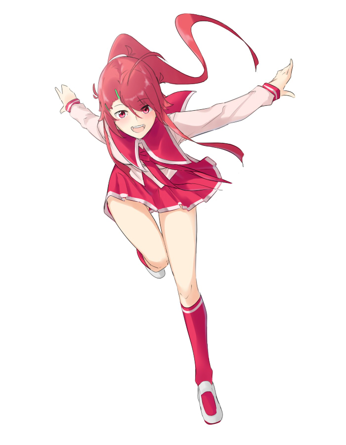 1girl :d character_request eyebrows_visible_through_hair floating_hair hair_ornament hairclip kneehighs leg_up long_hair long_sleeves looking_at_viewer miniskirt neckerchief open_mouth outstretched_arms pink_shirt pleated_skirt ponytail red_eyes red_legwear red_neckwear red_skirt redhead running saruno_(eyesonly712) shirt simple_background skirt smile solo very_long_hair white_background