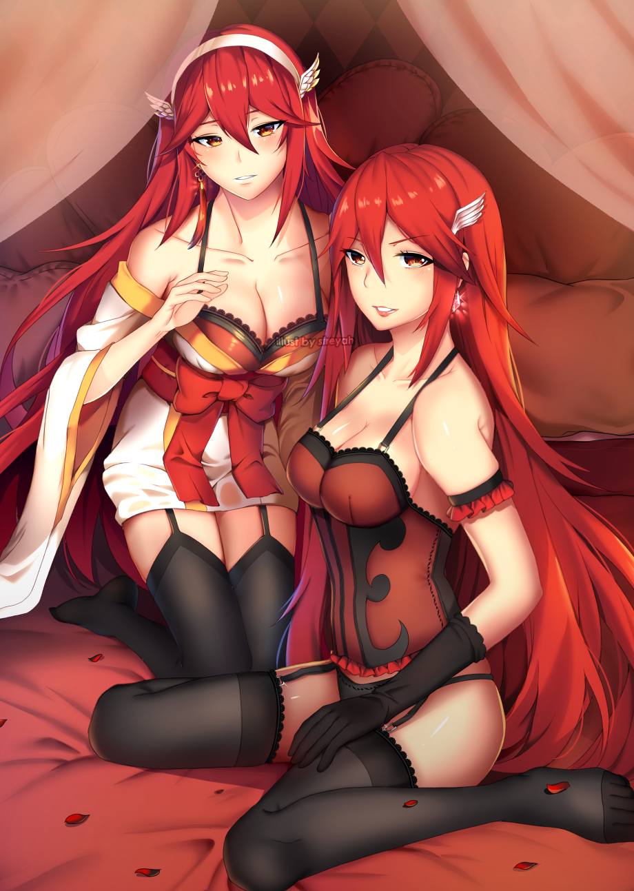 2girls arm_strap artist_name bed black_gloves black_legwear black_panties bow breasts cleavage collarbone curtains earrings fire_emblem fire_emblem:_kakusei fire_emblem_if full_body garter_straps gloves hair_between_eyes hairband heart heart_pillow highres japanese_clothes jewelry kimono kneeling legs_together lingerie lips looking_at_viewer matoi_(fire_emblem_if) medium_breasts multiple_girls nintendo obi off_shoulder panties petals pillow red_eyes redhead sash short_kimono sitting smile straight_hair streya thigh-highs cordelia_(fire_emblem) underwear wariza wide_sleeves winged_hair_ornament