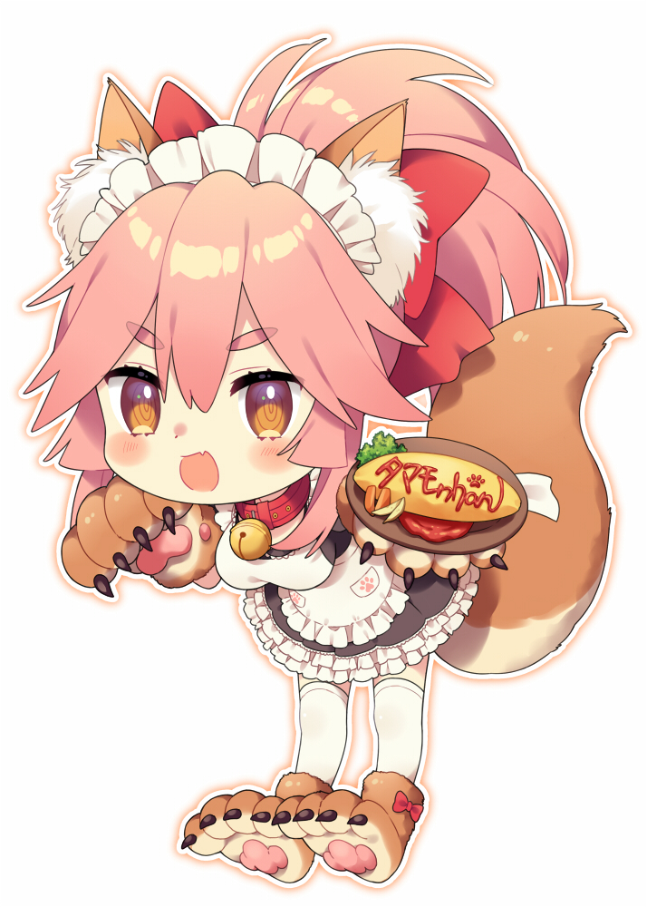 1girl alternate_costume animal_ear_fluff animal_ears apron bell bell_collar blush breasts cat_paws collar enmaided fangs fate/grand_order fate_(series) food fox_ears fox_girl fox_tail gloves hair_ribbon jingle_bell large_breasts long_hair maid maid_apron maid_headdress omelet paw_gloves paw_shoes paws pink_hair ponytail red_ribbon ribbon shoes simple_background solo tail tamamo_(fate)_(all) tamamo_cat_(fate) toko_yoshi waist_apron white_background