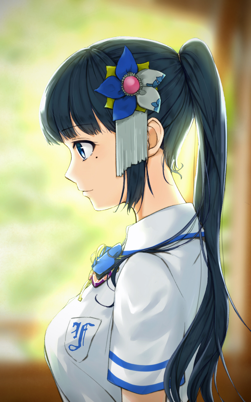 1girl aoi_ch. black_hair blue_eyes bow fuji_aoi hair_ornament highres long_hair mole mole_under_eye ponytail school_uniform solo terebi_(shimizu1996) virtual_youtuber