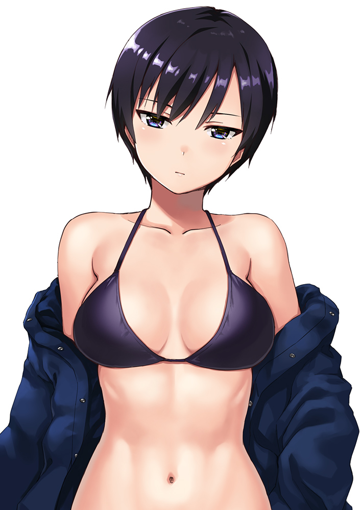 1girl bangs bare_shoulders bikini black_bikini black_hair blue_coat blue_eyes breasts closed_mouth coat collarbone expressionless hashi head_tilt long_hair looking_at_viewer medium_breasts navel off_shoulder open_clothes open_coat original short_hair simple_background solo stomach swimsuit toned unbuttoned upper_body white_background
