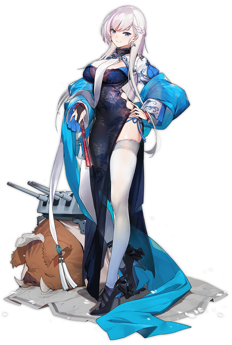 1girl alternate_costume azur_lane belfast_(azur_lane) black_gloves blue_eyes boar braid breasts chains china_dress chinese_clothes cleavage_cutout closed_mouth collar dress earrings eyebrows_visible_through_hair fan floral_print folding_fan french_braid full_body gloves hand_on_hip high_heels highres jewelry kisetsu large_breasts long_hair looking_at_viewer official_art panties partly_fingerless_gloves side-tie_panties side_braid side_slit smile solo standing thigh-highs transparent_background turret underwear white_hair white_legwear