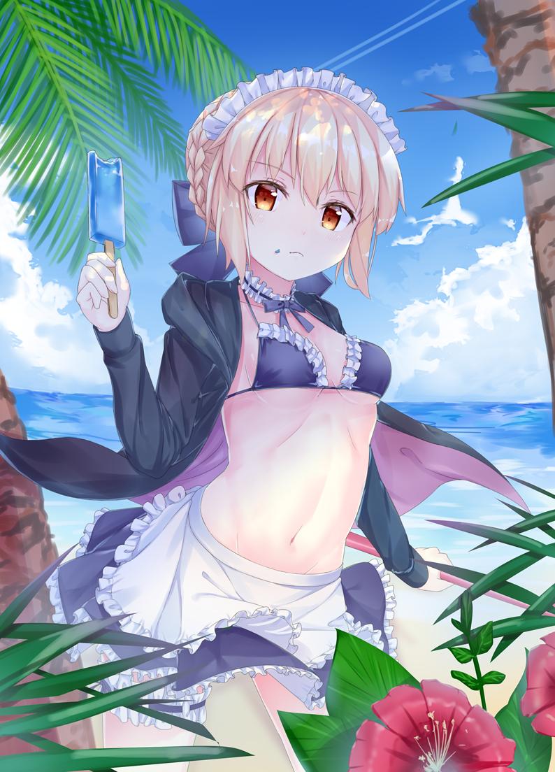 1girl akazateri apron artoria_pendragon_(all) artoria_pendragon_(swimsuit_rider_alter) beach bikini black_bikini black_skirt blonde_hair blue_sky bow braid breasts brown_eyes clouds crown_braid fate/grand_order fate_(series) flower food frills frown hair_bow holding holding_food long_sleeves looking_at_viewer maid_bikini maid_headdress navel open_clothes outdoors palm_tree popsicle ribbon short_hair skirt sky solo standing swimsuit tree yellow_eyes