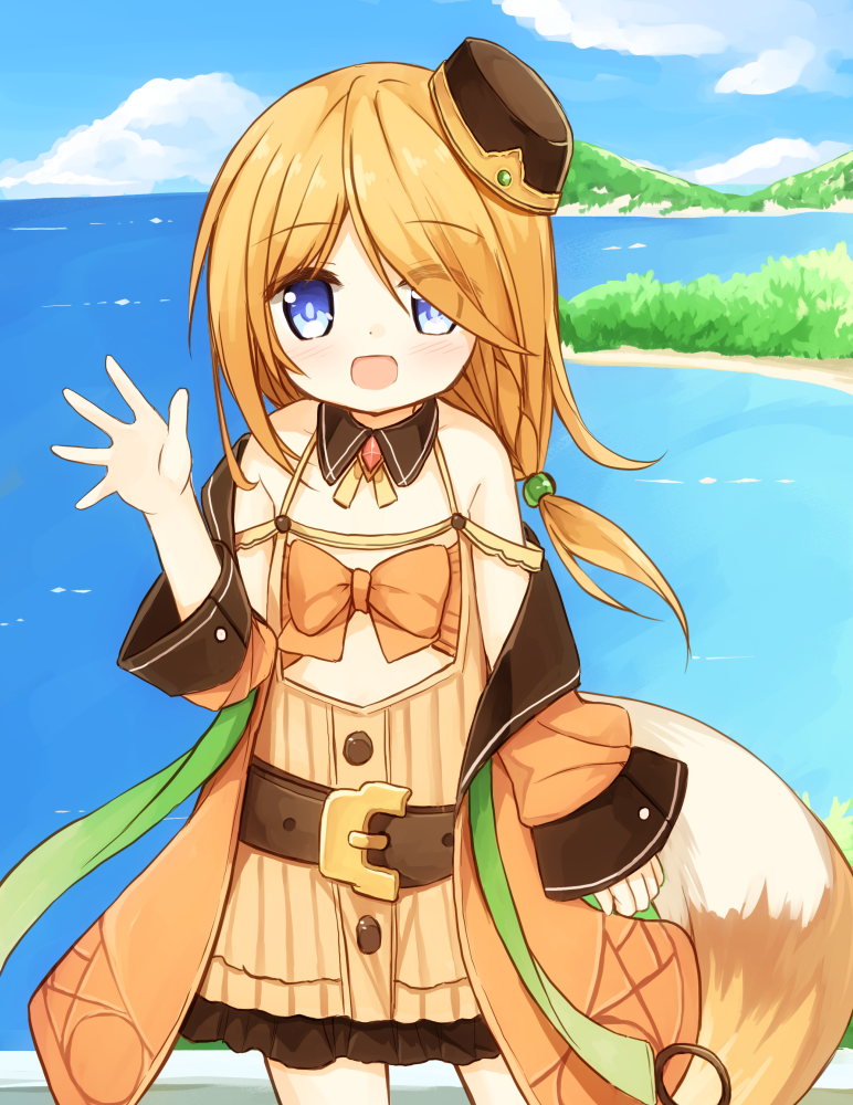 1girl :d bangs bare_shoulders belt belt_buckle blonde_hair blue_eyes blue_sky blush brown_belt brown_dress brown_hat brown_jacket buckle clouds day dress eyebrows_visible_through_hair fox_tail frilled_dress frills hair_over_one_eye hand_up hat horizon jacket long_hair long_sleeves mini_hat ocean off_shoulder open_clothes open_jacket open_mouth original outdoors sky sleeveless sleeveless_dress sleeves_past_wrists smile solo standing tail tilted_headwear wide_sleeves yuuhagi_(amaretto-no-natsu)