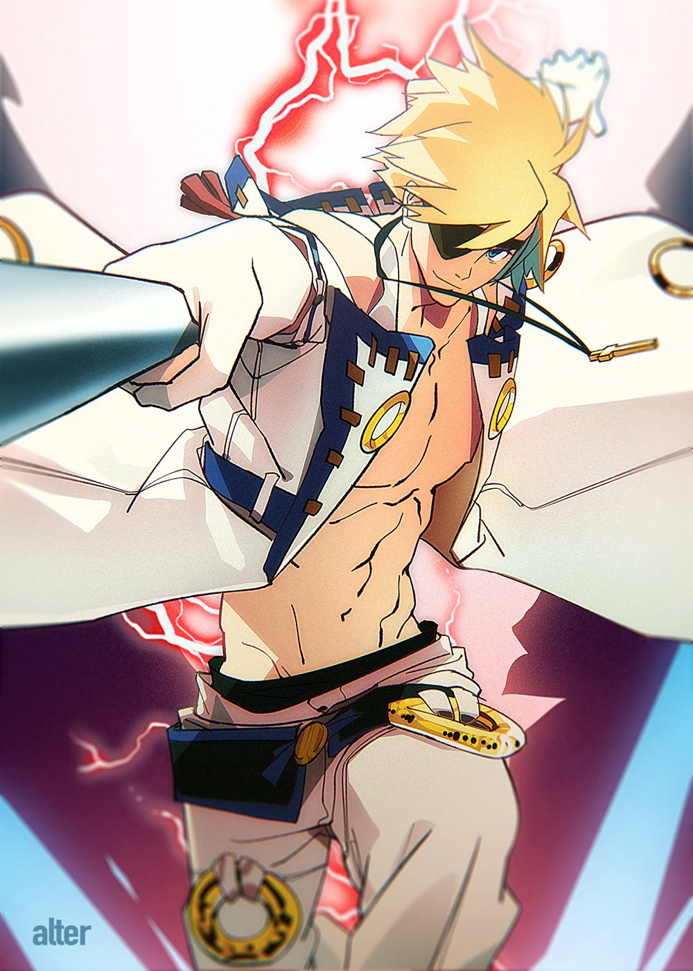 1boy abs alterab blonde_hair blue_eyes cross crucifix eyepatch flag gloves guilty_gear guilty_gear_xrd highres holding holding_flag holding_sword holding_weapon jacket jewelry lightning necklace short_hair sin_kiske smile solo sword weapon white_jacket