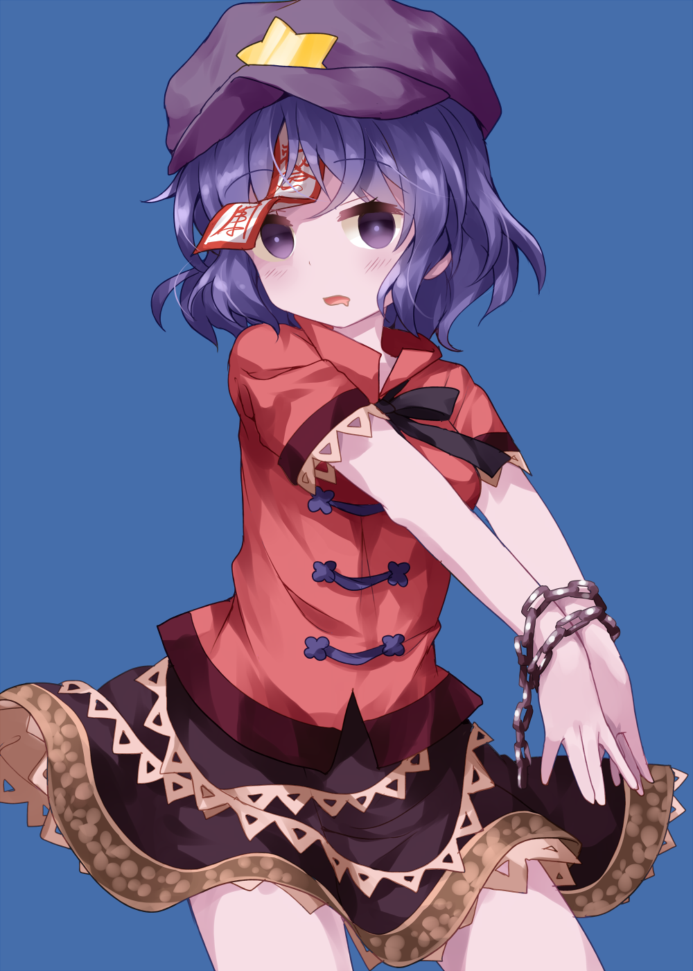 1girl black_skirt blue_background chains cowboy_shot empty_eyes eyebrows_visible_through_hair hat highres looking_at_viewer miyako_yoshika ofuda open_mouth outstretched_arms red_shirt ruu_(tksymkw) shirt short_sleeves simple_background skirt solo star touhou violet_eyes