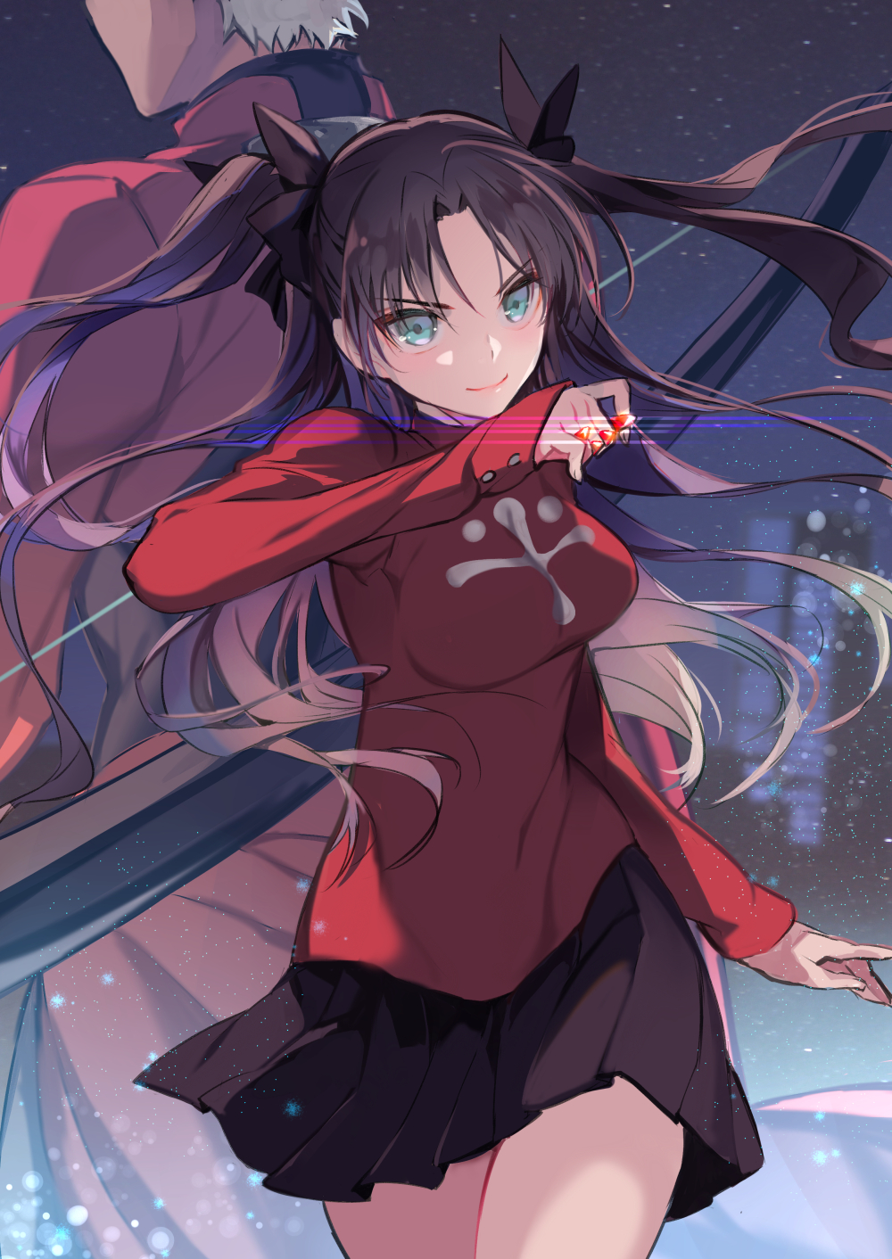 1boy 1girl archer black_hair black_ribbon black_skirt blue_eyes blush breasts city closed_mouth cowboy_shot fate/stay_night fate_(series) from_behind gin_(oyoyo) hair_ribbon highres large_breasts long_hair long_sleeves looking_at_viewer night night_sky pleated_skirt red_sweater ribbon skirt sky sweater tied_hair tohsaka_rin turtleneck two_side_up