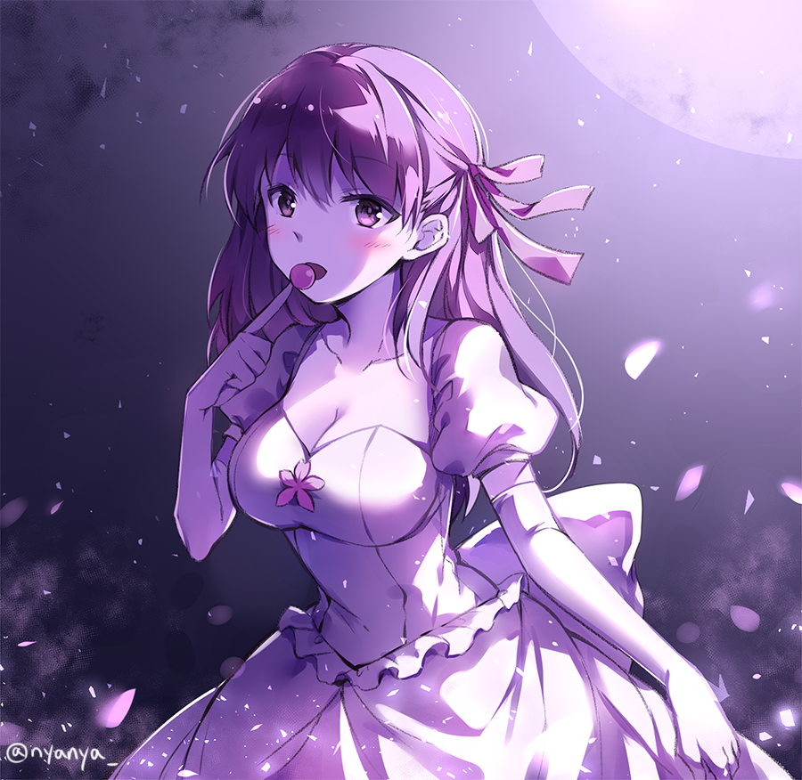1girl blush bow breasts cleavage collarbone commentary dress elbow_gloves fate/stay_night fate_(series) frilled_dress frills full_moon gloves hair_bow hand_up heaven's_feel index_finger_raised long_hair matou_sakura medium_breasts moon nyanya petals puffy_short_sleeves puffy_sleeves purple_hair red_bow short_sleeves solo twitter_username violet_eyes white_dress white_gloves