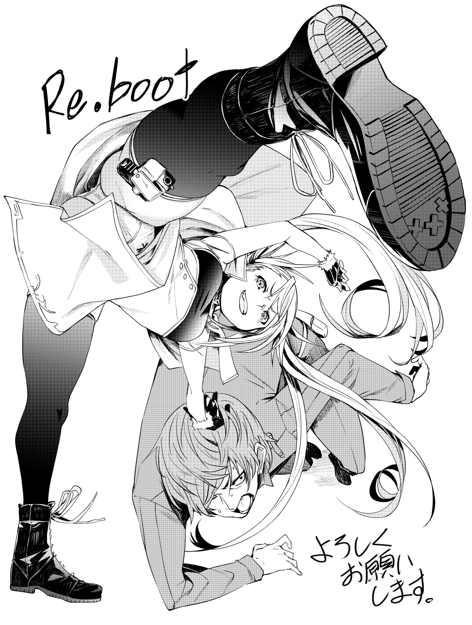 1boy 1girl boots commentary_request fu-ta gloves greyscale grin gun hand_on_another's_head handgun highres holster holstered_weapon long_hair monochrome original panties pantyshot pistol smile thigh-highs thigh_holster twintails underwear weapon white_background